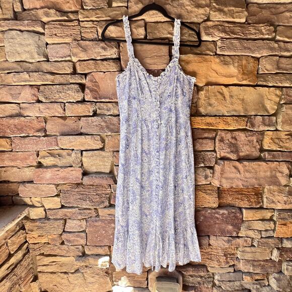 PATRONS OF PEACE Milkmaid White Blue Floral Full Button SLEEVELESS MAXI DRESS  M - Picture 1 of 15